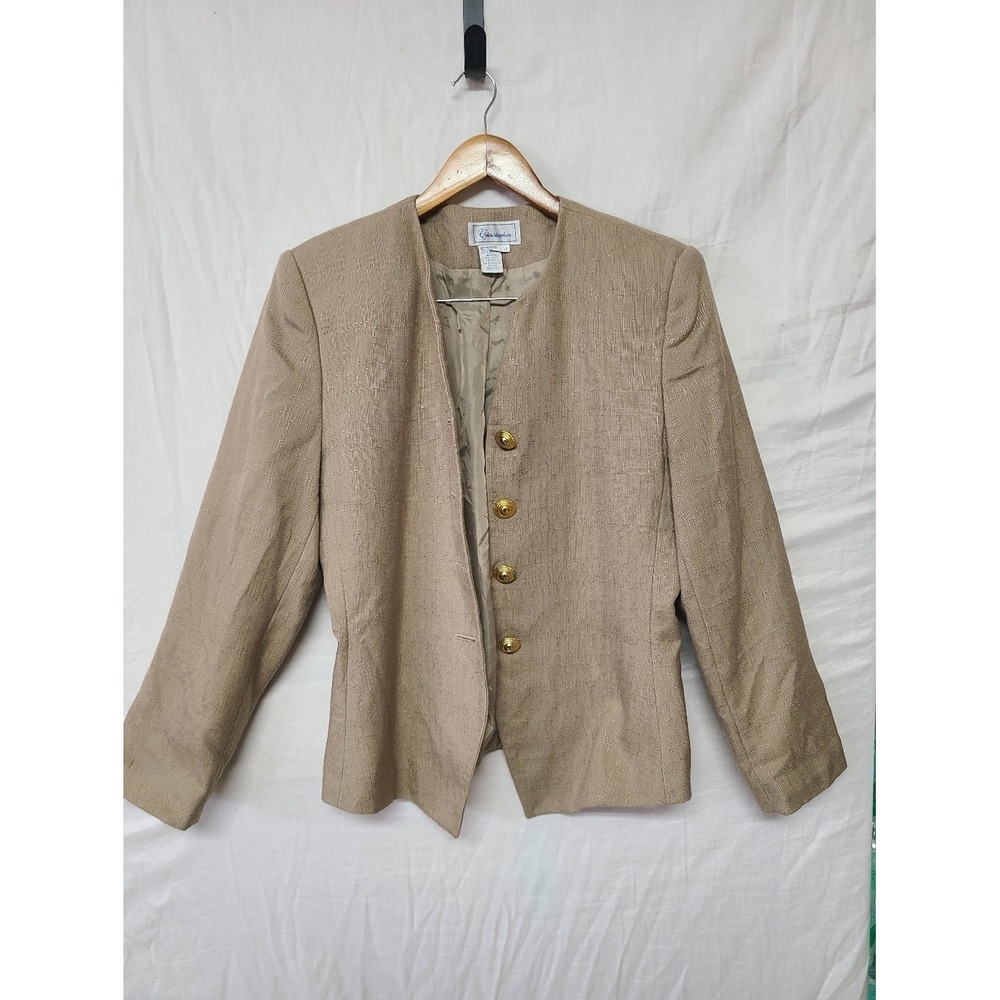 Christopher Blazer Women 14 Tan Good Textured Gold Button Collarless Vintage USA - Picture 2 of 11